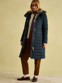 Cherington Showerproof Longline Padded Coat with Faux Fur Hood<Joules Clearance