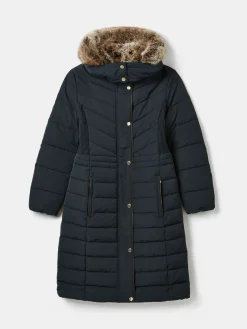Cherington Showerproof Longline Padded Coat with Faux Fur Hood<Joules Clearance