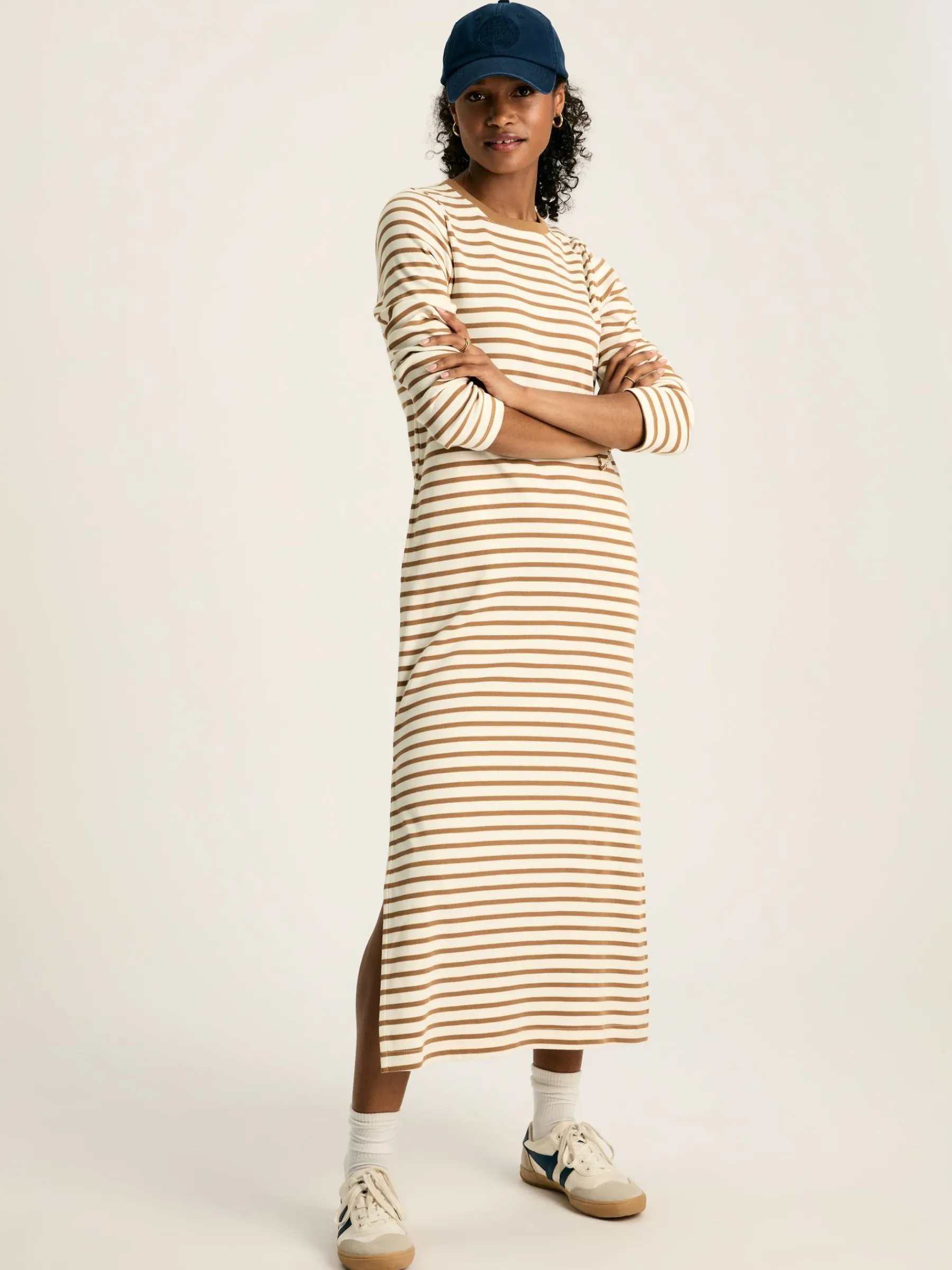 Cleo Tan Brown Striped Long Sleeve Jersey Midi Dress<Joules Sale