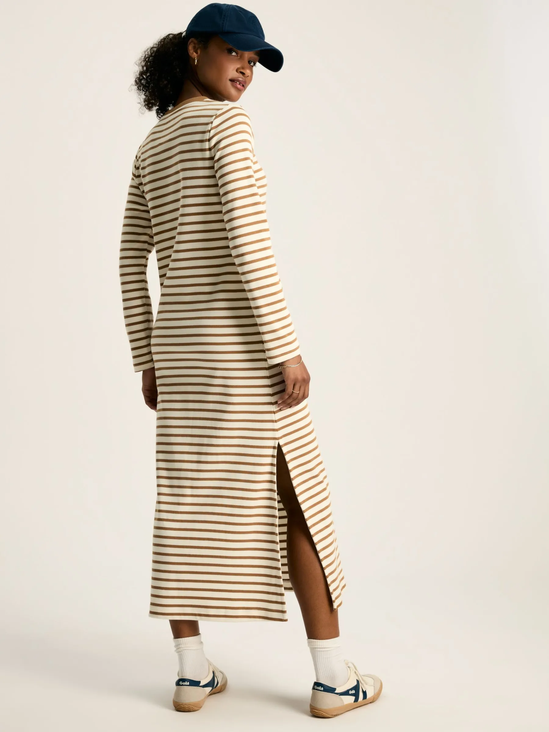 Cleo Tan Brown Striped Long Sleeve Jersey Midi Dress<Joules Sale