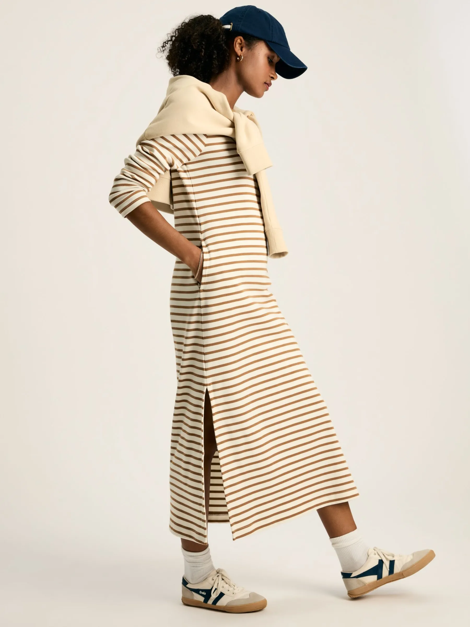 Cleo Tan Brown Striped Long Sleeve Jersey Midi Dress<Joules Sale