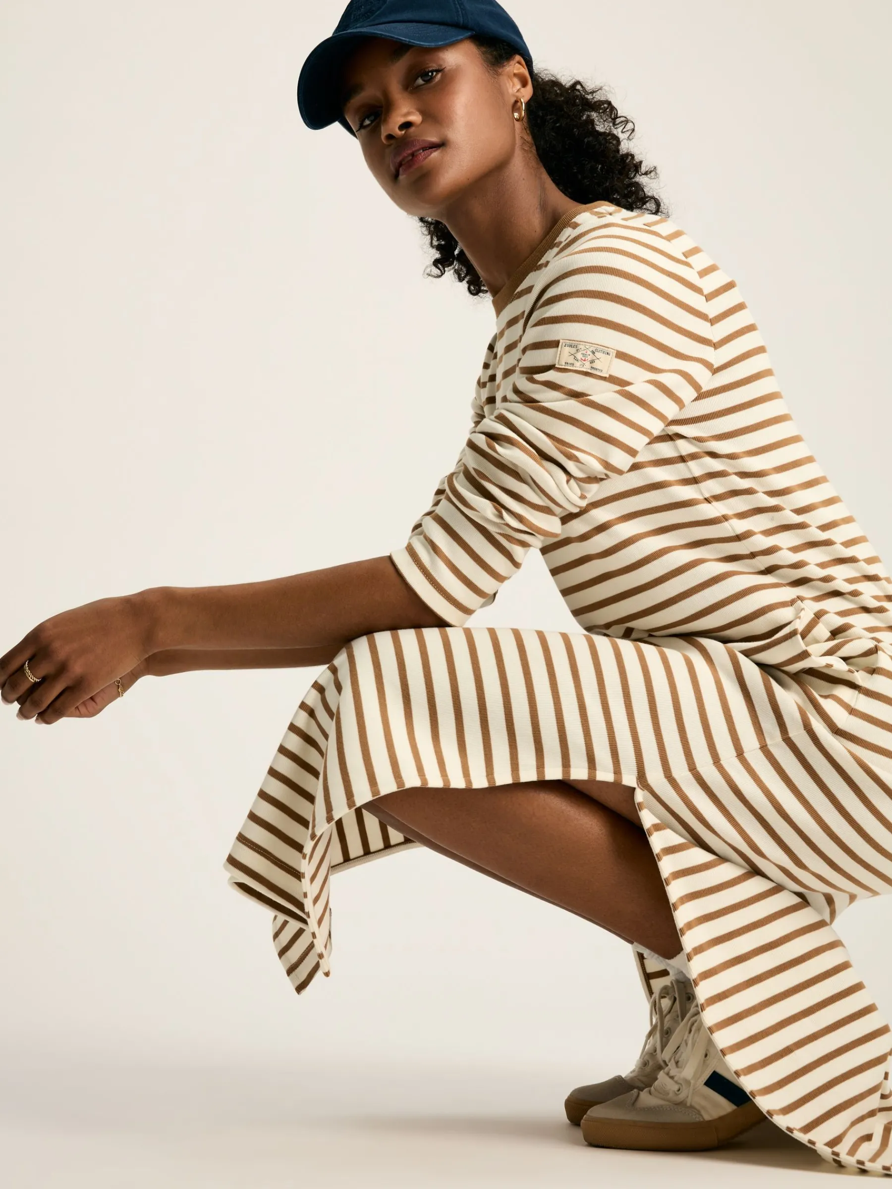 Cleo Tan Brown Striped Long Sleeve Jersey Midi Dress<Joules Sale