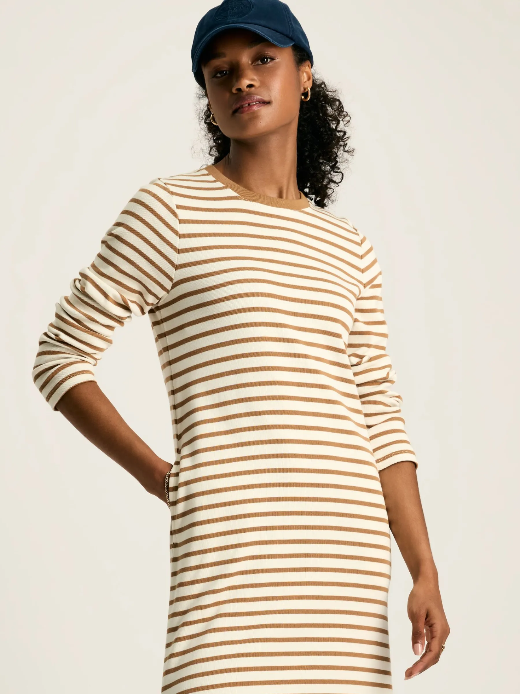 Cleo Tan Brown Striped Long Sleeve Jersey Midi Dress<Joules Sale
