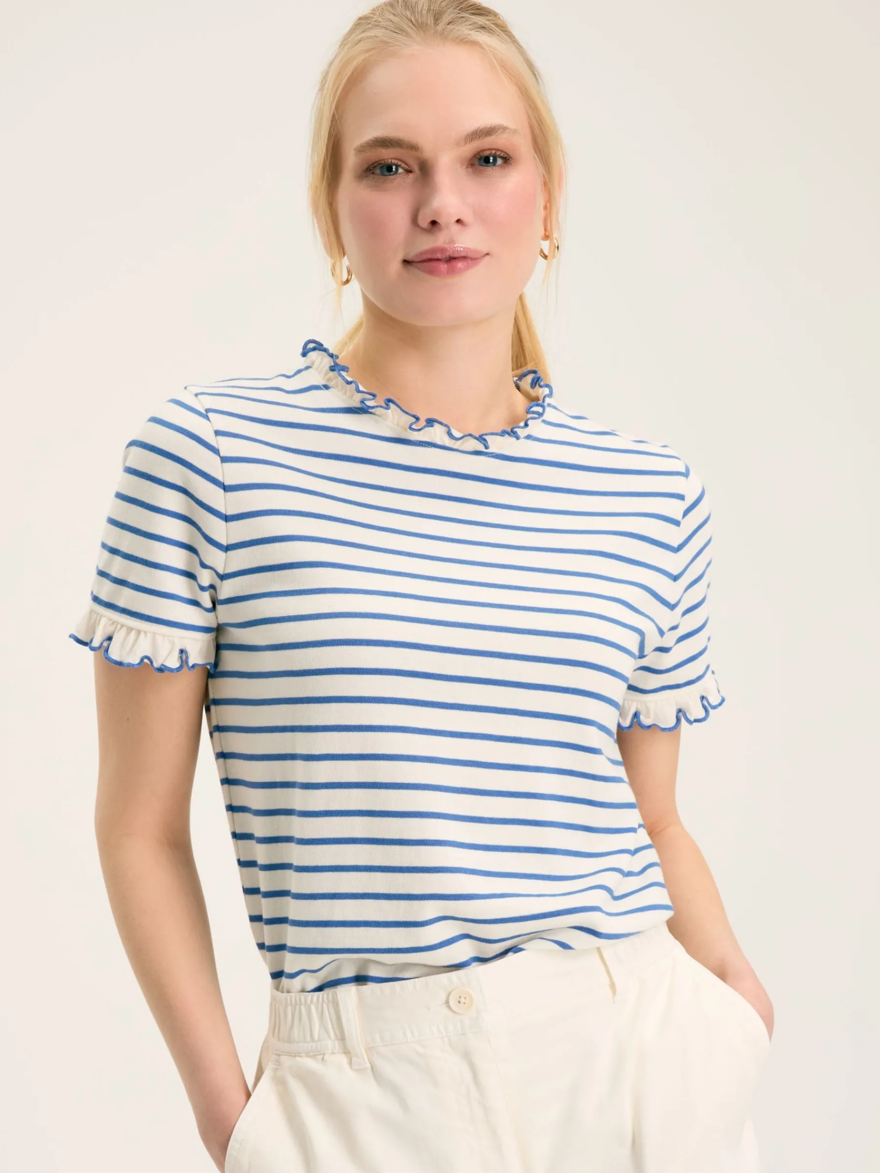Daisy Cream & Blue Short Sleeve Frilled Neck Top<Joules Sale