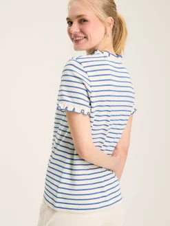 Daisy Cream & Blue Short Sleeve Frilled Neck Top<Joules Sale