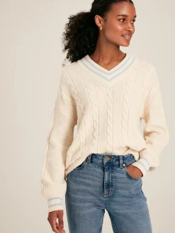 Dibbly Cream & Blue Cable Knit Cricket Jumper<Joules