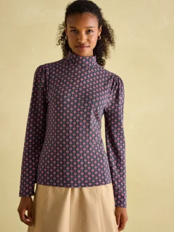 Elizabeth Blue Floral High Neck Jersey Top<Joules