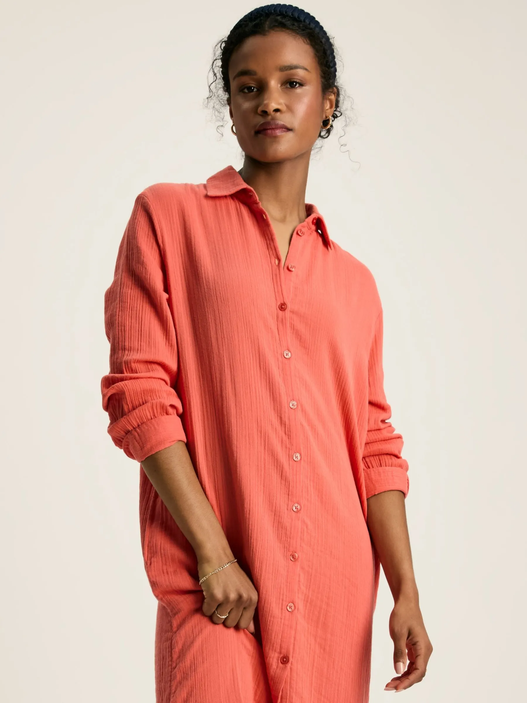 Erica Coral Pink Button Through Cotton Shirt Dress<Joules Hot