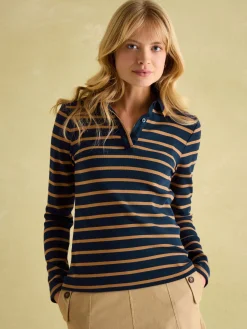 Fairfield Navy & Tan Long Sleeve Ribbed Polo Shirt<Joules Clearance