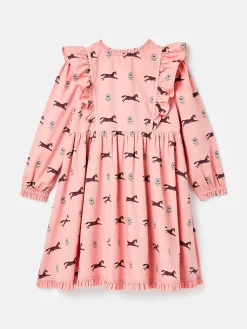 Florence Pink Horse Print Long Sleeve Frilled Dress<Joules Online