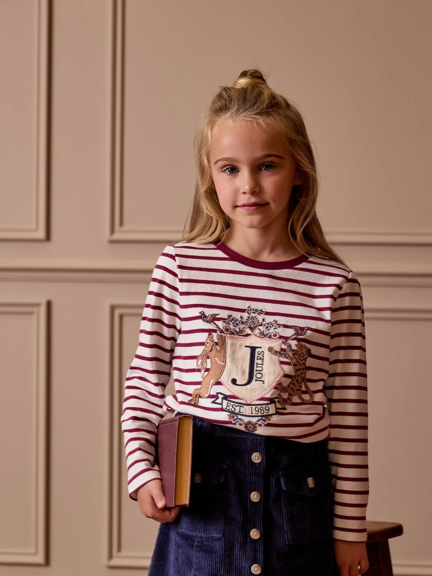 Girls' Ava Berry Red Stripe Artwork T-Shirt<Joules Clearance