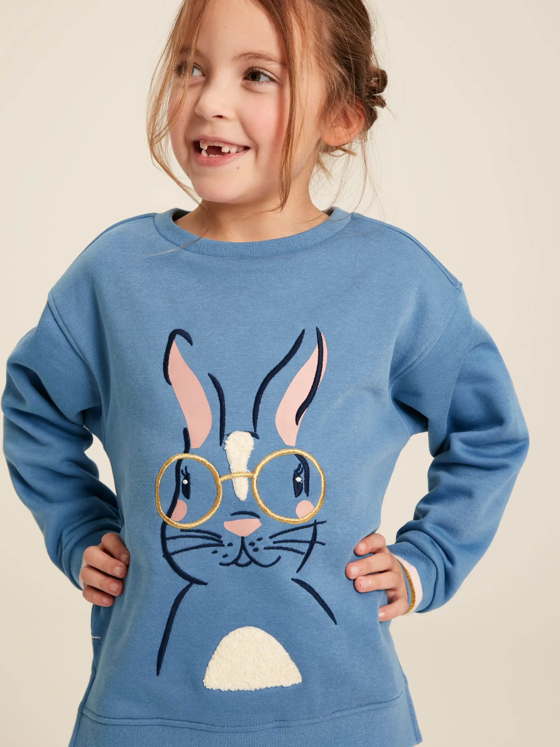 Girls' Mackenzie Blue Rabbit Embroidered Artwork Crew Neck Sweatshirt<Joules New