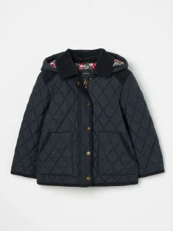 Girls' Marsdale Navy Blue Diamond Quilted Coat With Hood<Joules Discount