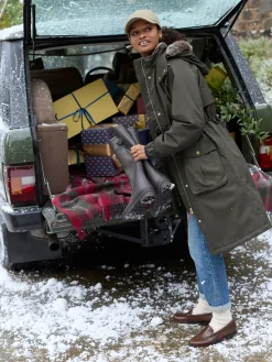 Harpsden Cosy Khaki Green Waterproof Fleece Lined Raincoat with Faux Fur Hood<Joules