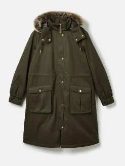Harpsden Cosy Khaki Green Waterproof Fleece Lined Raincoat with Faux Fur Hood<Joules