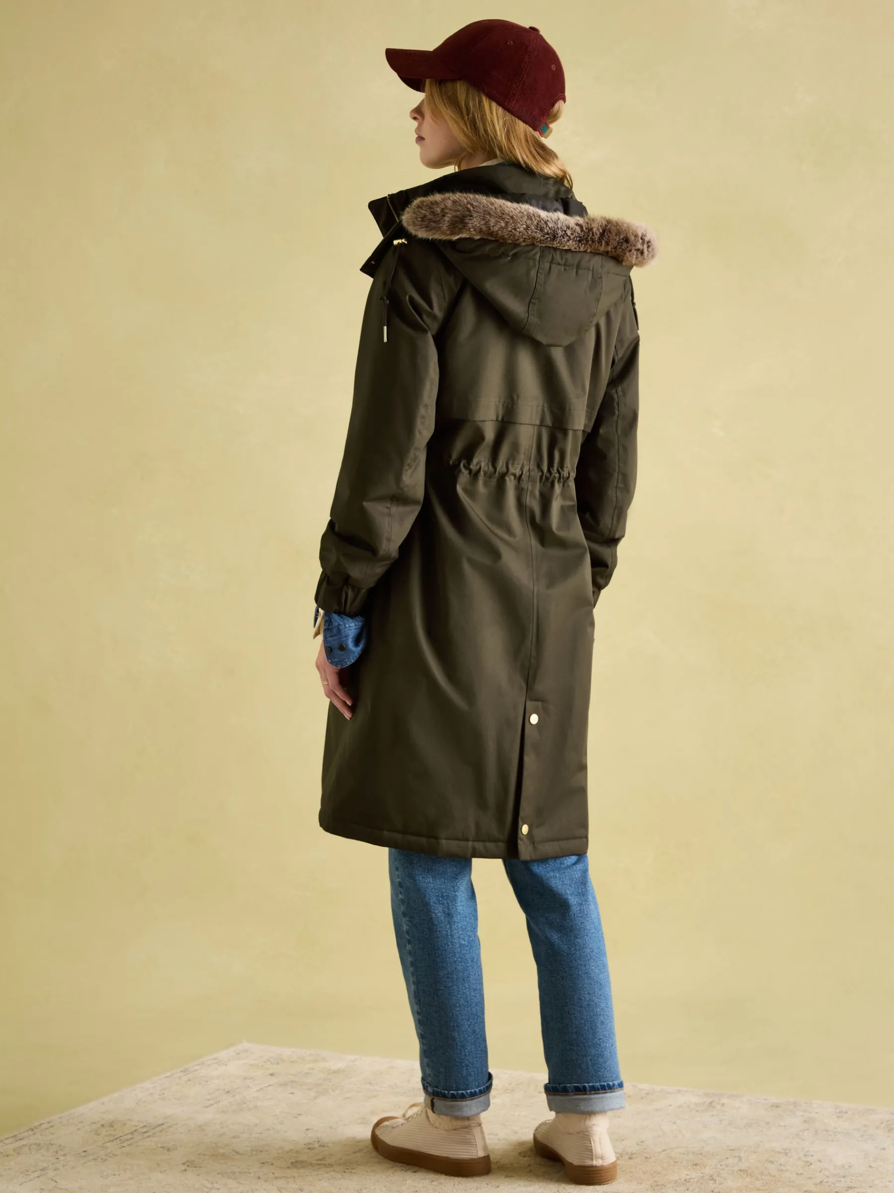 Harpsden Cosy Khaki Green Waterproof Fleece Lined Raincoat with Faux Fur Hood<Joules