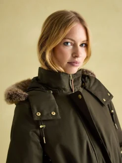 Harpsden Cosy Khaki Green Waterproof Fleece Lined Raincoat with Faux Fur Hood<Joules