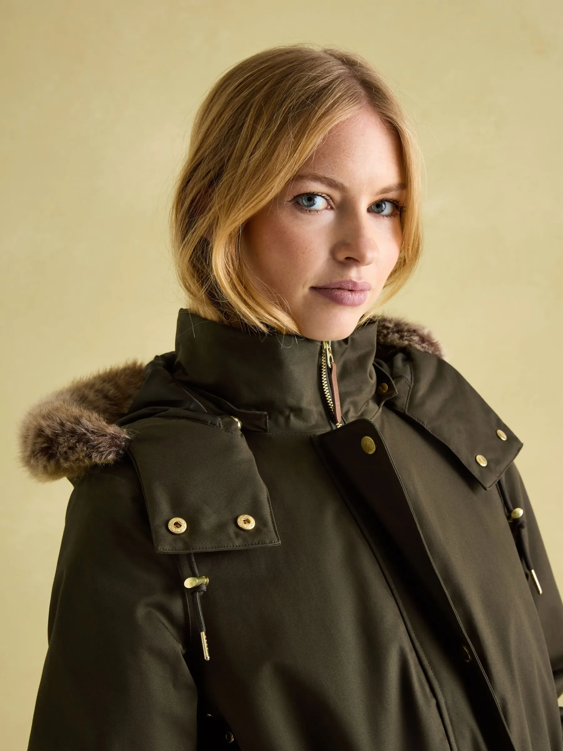 Harpsden Cosy Khaki Green Waterproof Fleece Lined Raincoat with Faux Fur Hood<Joules