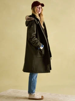 Harpsden Cosy Khaki Green Waterproof Fleece Lined Raincoat with Faux Fur Hood<Joules