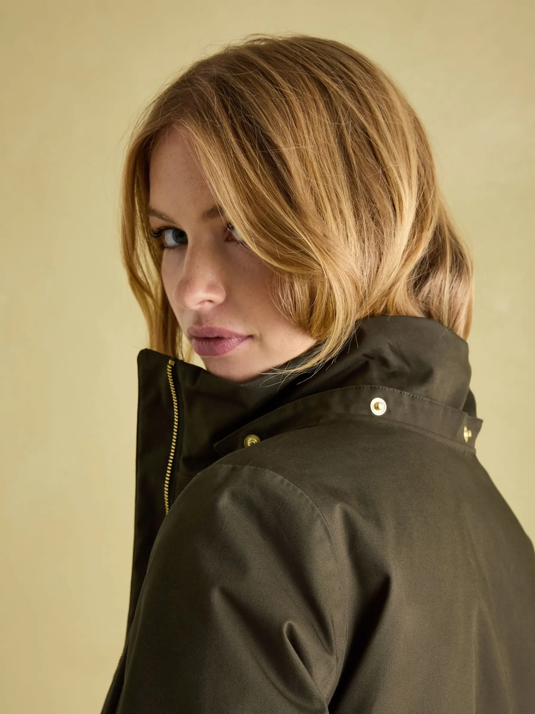 Harpsden Cosy Khaki Green Waterproof Fleece Lined Raincoat with Faux Fur Hood<Joules