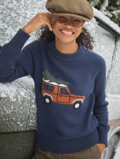 Jonty Navy Blue Intarsia Fox Knit Jumper<Joules Sale