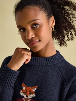 Jonty Navy Blue Intarsia Fox Knit Jumper<Joules Sale