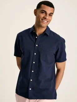 Linen Blend Navy Blue Plain Short Sleeve Shirt<Joules Hot