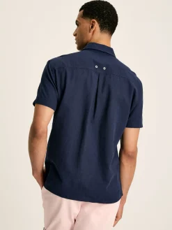 Linen Blend Navy Blue Plain Short Sleeve Shirt<Joules Hot