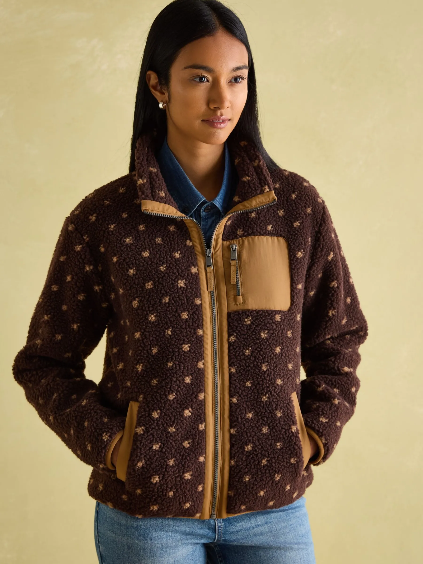Lottie Chocolate Brown spot Borg Fleece Jacket<Joules Discount