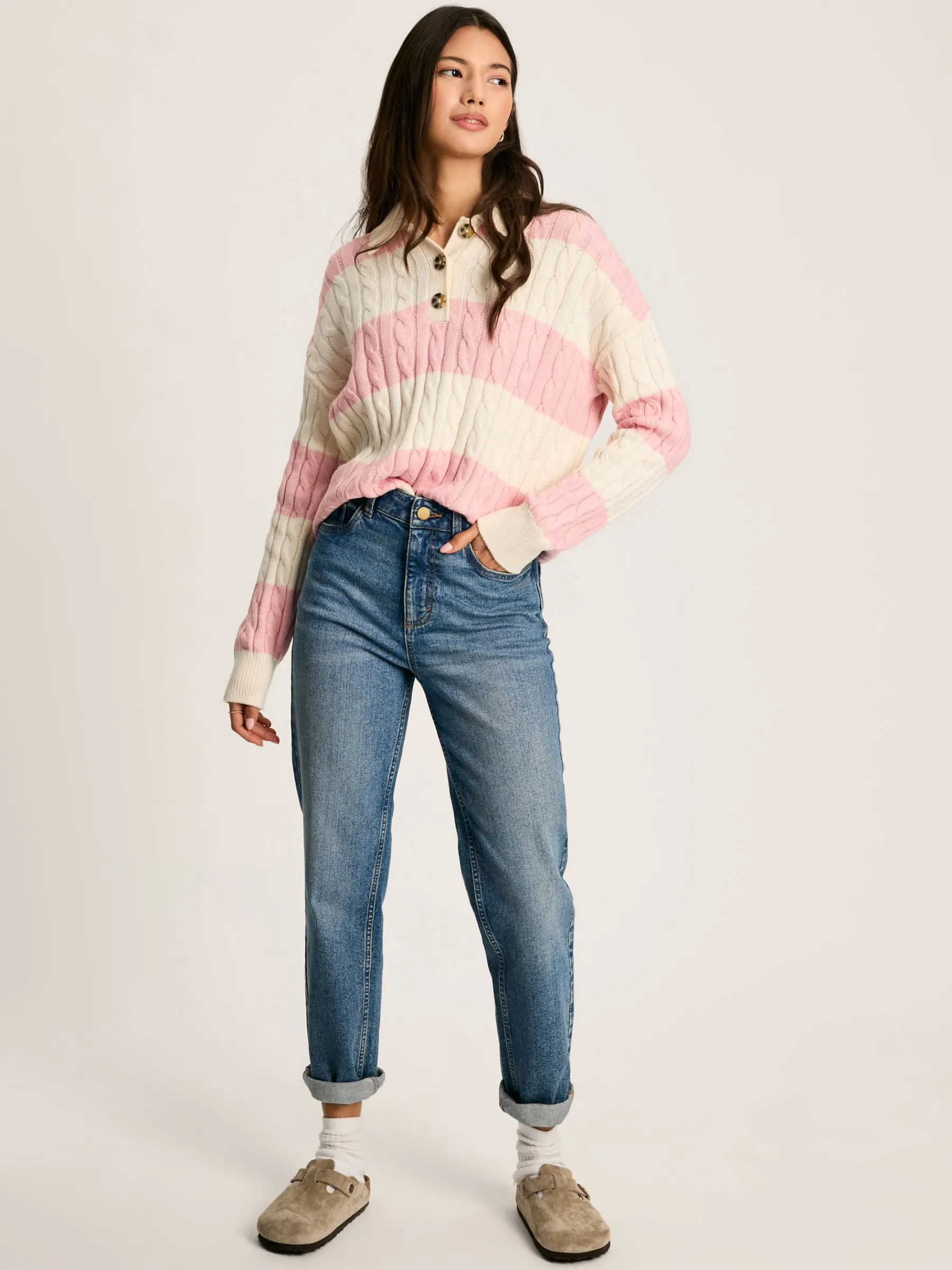 Love All Cable Knit Jumper with Button Collar<Joules Discount