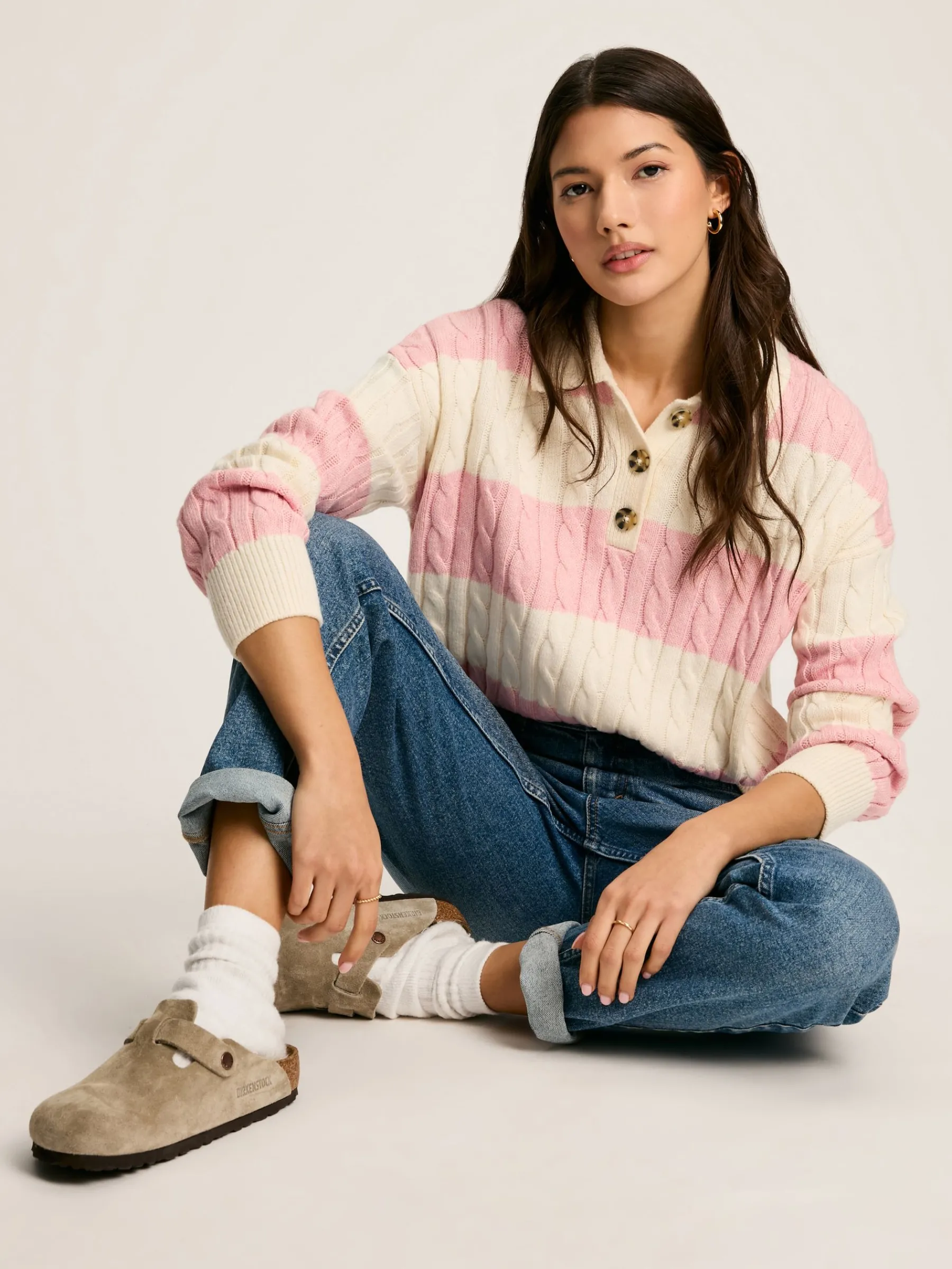 Love All Cable Knit Jumper with Button Collar<Joules Discount