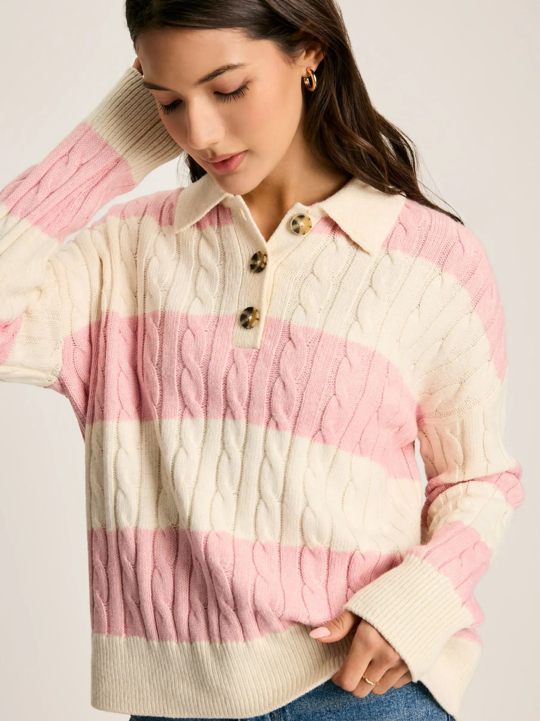 Love All Cable Knit Jumper with Button Collar<Joules Discount