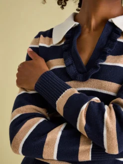 Maddie V Neck Stripe Jumper with Collar<Joules