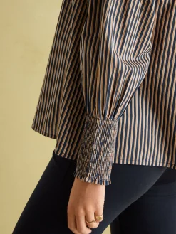 Mariella Navy Stripe Cotton Frill Neck Blouse<Joules Outlet
