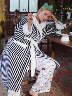 Matilda Navy & White Fleece Lined Striped Dressing Gown<Joules New