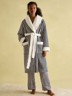 Matilda Navy & White Fleece Lined Striped Dressing Gown<Joules New