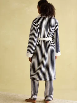 Matilda Navy & White Fleece Lined Striped Dressing Gown<Joules New