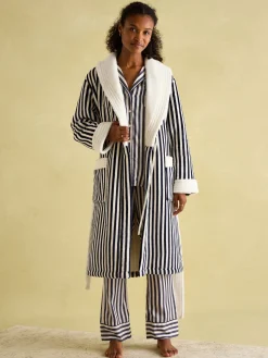 Matilda Navy & White Fleece Lined Striped Dressing Gown<Joules New
