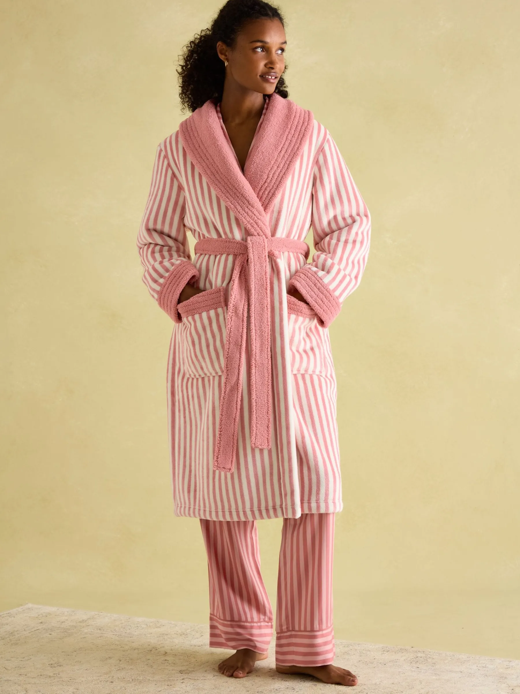 Matilda Pink & White Fleece Lined Striped Dressing Gown<Joules New