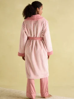 Matilda Pink & White Fleece Lined Striped Dressing Gown<Joules New