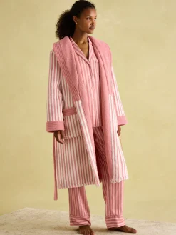 Matilda Pink & White Fleece Lined Striped Dressing Gown<Joules New