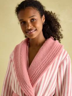 Matilda Pink & White Fleece Lined Striped Dressing Gown<Joules New