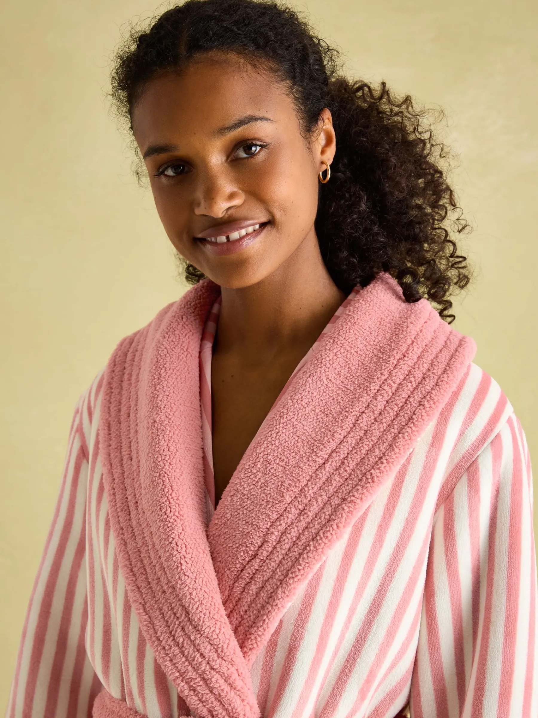 Matilda Pink & White Fleece Lined Striped Dressing Gown<Joules New