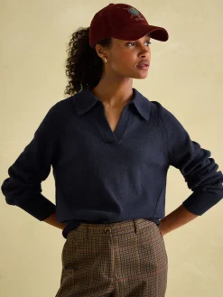 Mia Navy Blue Pointelle Jumper with Open Collar<Joules New