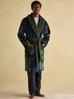Montague Green & Navy Stripe Fleece Lined Dressing Gown<Joules