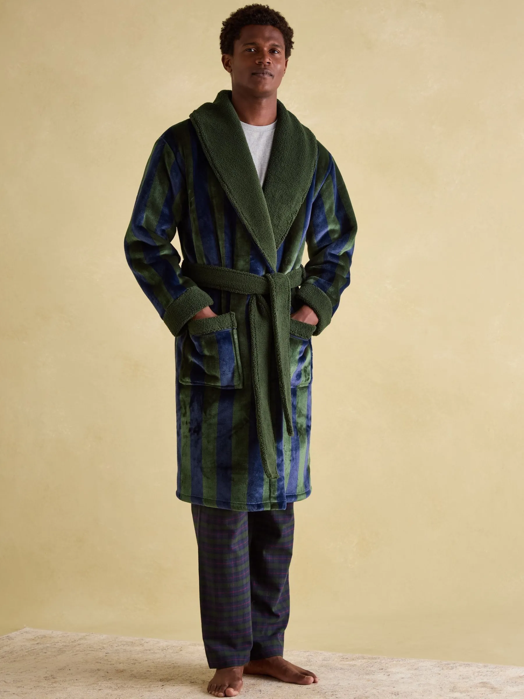 Montague Green & Navy Stripe Fleece Lined Dressing Gown<Joules