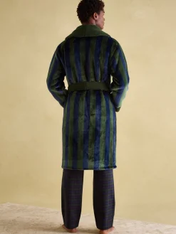Montague Green & Navy Stripe Fleece Lined Dressing Gown<Joules
