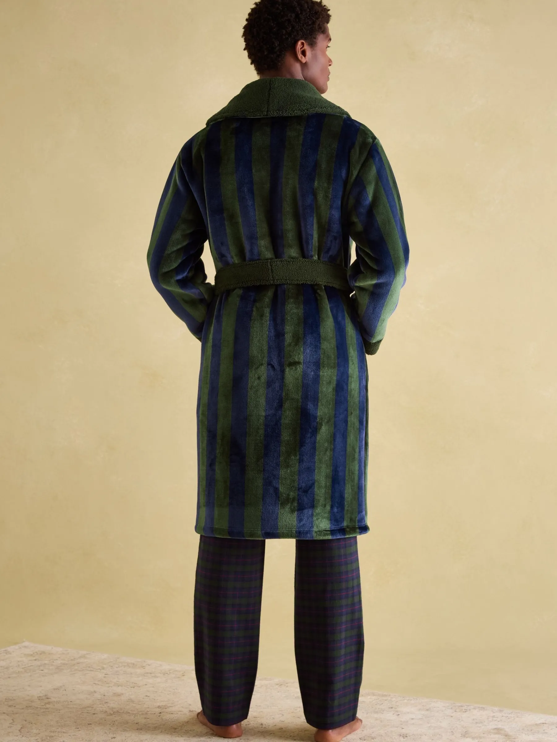 Montague Green & Navy Stripe Fleece Lined Dressing Gown<Joules