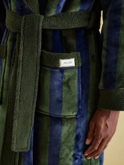 Montague Green & Navy Stripe Fleece Lined Dressing Gown<Joules