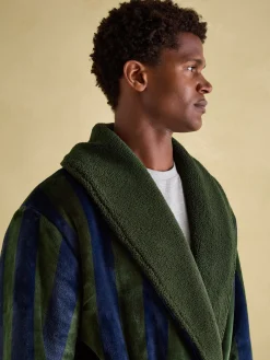 Montague Green & Navy Stripe Fleece Lined Dressing Gown<Joules